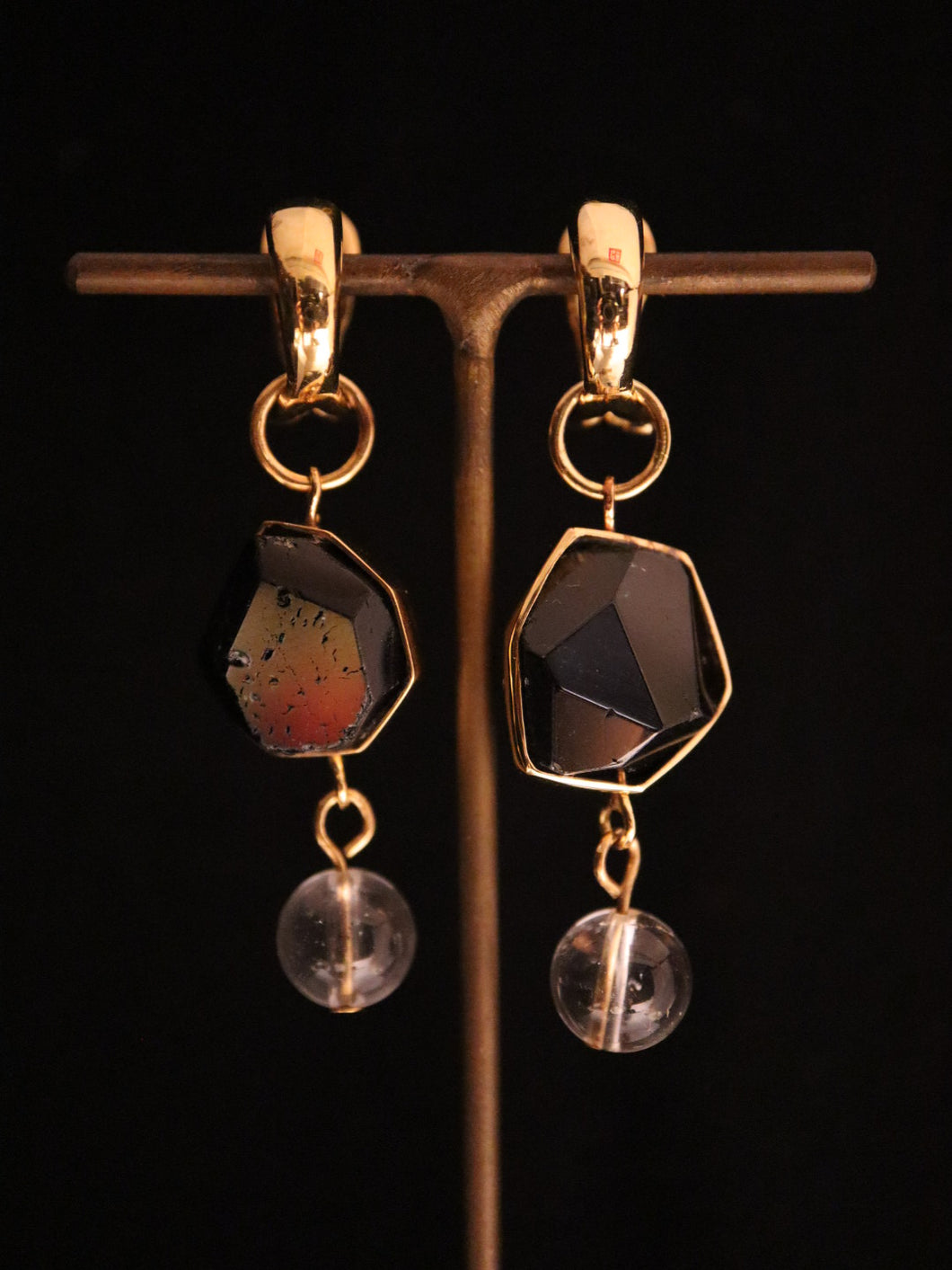 EARRINGS.  SILVER AND BRASS TOURMALINE AND QUARTZ